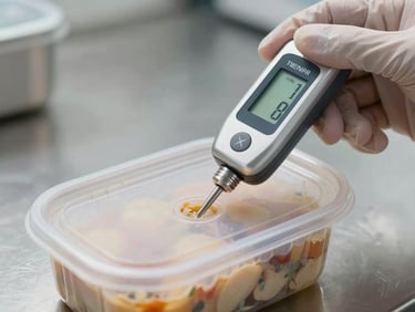 Close-up of a temperature probe being inserted into a sealed food transport container, digital readout visible, gloved hand holding probe, clean stainless steel background, sharp studio lighting