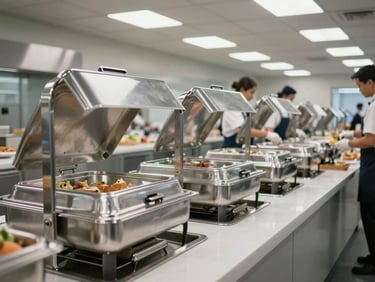 Wide shot of a clean commercial buffet line with covered stainless steel chafing dishes, sneeze guards in place, gloved staff visible at the edge of frame, bright fluorescent facility lighting