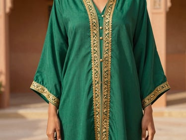 Close-up of a modern emerald green kaftan with delicate gold embroidery, worn by a woman standing in a sunlit riad courtyard, focusing on fabric texture.