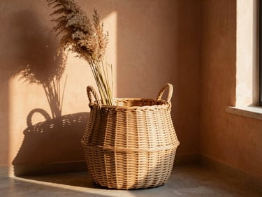 Sunlit modern minimalist interior with a large hand-woven wicker basket as a focal point, casting long shadows, organic textures, dried reeds, warm terracotta tones.