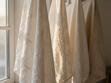 Beyaz bir duvarda asılı, farklı boyutlarda ve desenlerde, güneş ışığıyla aydınlatılmış el yapımı hasır duvar dekorları, minimalist iç mekan.