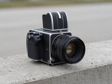 Dead-on elevation shot of a heavy medium-format analog camera resting on a raw concrete ledge, flat overcast northern light, minimal composition, focus on the physical texture of the camera.