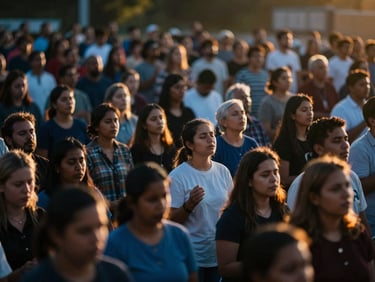 A wide-angle live broadcast screen displaying a vibrant worship gathering under dramatic golden-hour sunlight, cinematic editorial photography, shallow depth of field