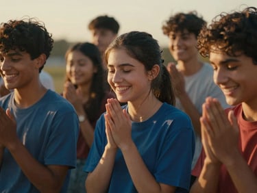 Cinematic medium shot of a diverse youth group laughing and praying together outdoors during golden hour, soft warm light, shallow depth of field.