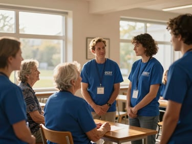 Warm environmental shot of volunteers talking with elderly residents in a bright community room, natural window light.