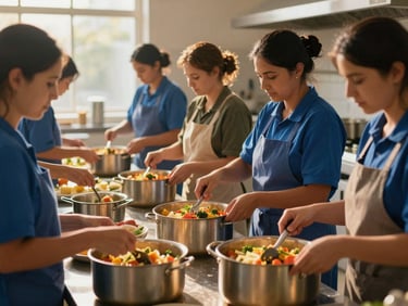 A vibrant community kitchen with women preparing large pots of nutritious food, warm natural light