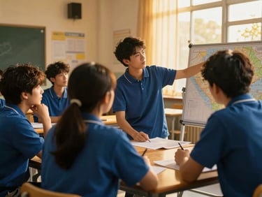 Diverse classroom setting with a leader pointing to a map, warm gold lighting, engaged adult students.