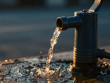 A clean water pump flowing with sparkling water, close-up, warm golden-hour light