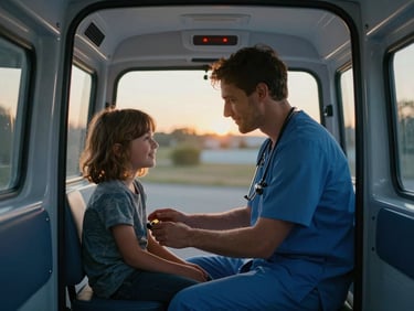 A doctor caring for a smiling child in a clean mobile clinic, soft natural lighting