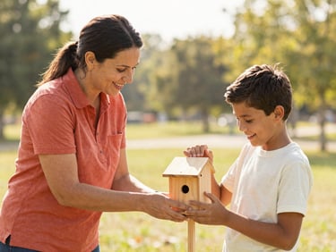 An active mentorship session in an Ohio park, a mentor and a young boy smiling while building a wooden birdhouse together, bright daylight