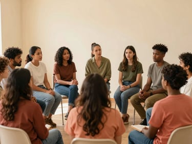 A group of diverse community members and social workers sitting in a circle sharing stories in a warm, cream-walled community room
