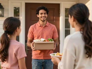 A volunteer delivering a warm home-cooked meal to a welcoming foster family at their front door, daytime, friendly expression