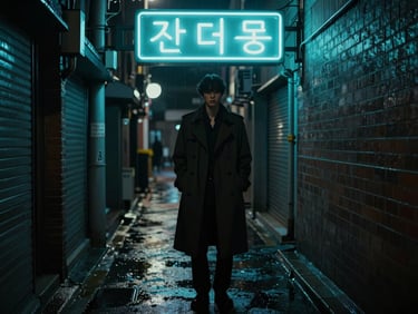 Moody cinematic film still, a figure in a dark trench coat standing under a flickering neon-cyan sign in a narrow Seoul alley, rain-slicked ground, deep shadows.