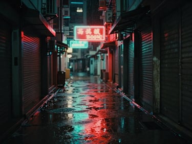 Moody cinematic film photography of rain-slicked narrow Hong Kong alleyway at night, glowing neon signs in red and cyan reflecting in puddles, anamorphic lens, 35mm grain