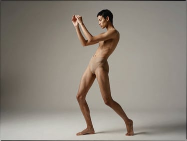 Dynamic full-body editorial crop of a non-binary model, sharp studio strobes, minimalist styling, neutral tones.
