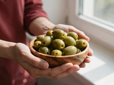 Hands holding fresh green olives in a rustic wooden bowl, bright natural sunlight, soft shadows, warm editorial photography