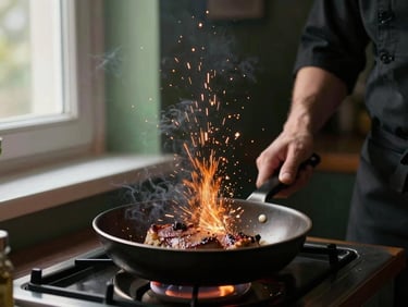 Moody shot of a chef searing meat in a hot pan, sparks flying, dark background, warm natural light, high contrast, 35mm editorial