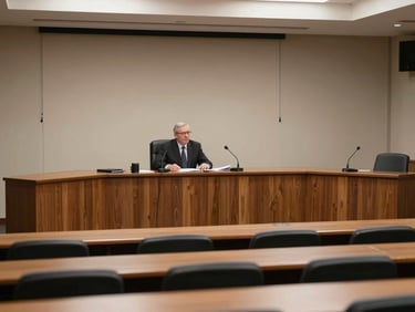 Wide shot of a press conference podium in an institutional meeting room, microphones arranged, empty chairs in the foreground, documentary lighting