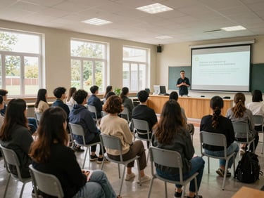 Wide environmental shot of a civic education workshop in a community hall, participants seated in rows facing a presenter, daylight through windows