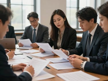 Medium shot of analysts around a conference table reviewing printed policy documents, natural light through institutional windows, professional setting