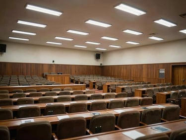 Wide shot of a parliamentary chamber in Hargeisa, rows of empty seats under fluorescent institutional lighting, a podium at the far end, documentary framing