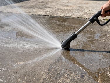 Pressure washer wand cleaning a concrete driveway in daylight, water spray fanning out, wet concrete showing the cleaned path next to the uncleaned surface