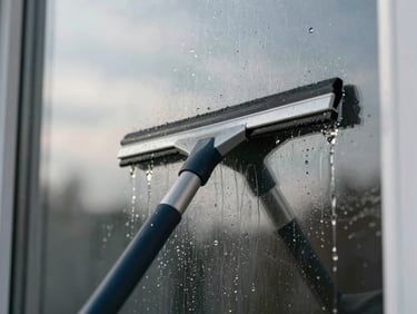 Close-up of a squeegee pulling water across a residential window pane, daylight, wet glass surface, overcast sky reflected