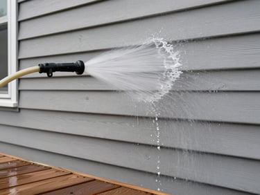 Soft-wash hose spraying siding on a residential home exterior, water running down the panel surface, overcast daylight, deck boards visible in the foreground