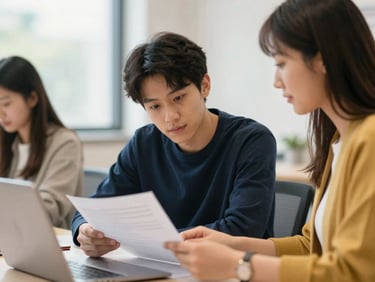 A warm editorial photograph of a focused student and an advisor reviewing documents in a bright, modern university office, soft natural daylight, shallow depth of field.