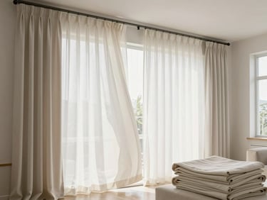 Floor-to-ceiling curtains partially removed from track in a bright living room, folded on a surface ready for collection, natural daylight, clean and clinical composition