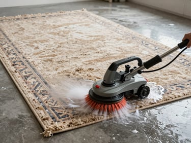Large area rug laid out on a clean concrete floor being washed with industrial rotating brush equipment, water and foam visible, wide environmental framing, documentary lighting