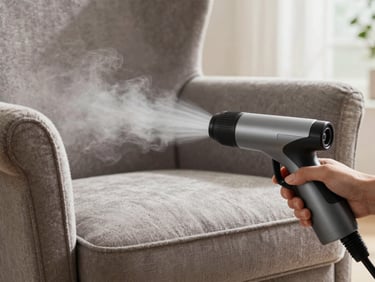 Close-up of upholstered armchair fabric being treated with a handheld steam nozzle, visible steam rising, natural light, commercial interior setting, no people