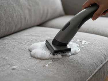 Close-up of upholstery extraction wand pressed against a light-gray sofa fabric, suds and moisture visible on the textile surface, natural daylight, documentary style