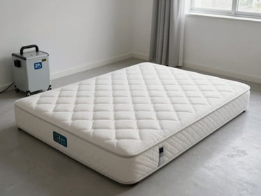 Wide shot of a mattress laid flat on a clean floor in a residential bedroom, extraction equipment positioned alongside it, clinical daylight, no people, documentary framing