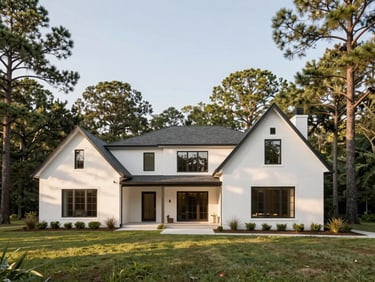 Bright architectural exterior of a modern home nestled in towering pine trees in The Woodlands, Texas, soft morning sunlight, wide-angle lens.