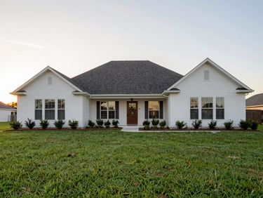 Clean architectural exterior of a renovated suburban home in Spring, Texas, manicured green lawn, soft golden hour sun, wide-angle lens.