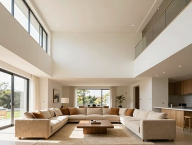Straight-on architectural shot of a bright modern living room with high ceilings, warm sand accents, natural daylight, sharp focus.