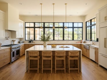 Bright, airy modern kitchen with a large quartz island, natural Texas daylight streaming through wide windows, straight-on architectural angle, clean warm tones.