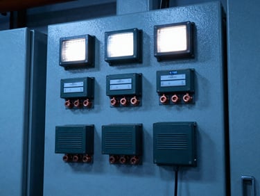 A heavy-duty electrical control panel aboard a ship, detailed wiring copper terminals, high-contrast industrial lighting.