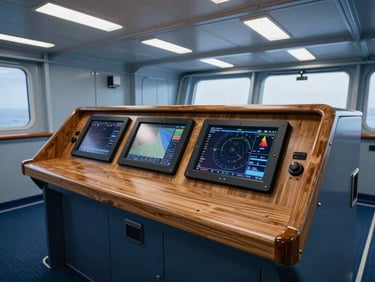 Bespoke naval joinery installation inside a vessel bridge, clean wooden console integrated with high-tech navigation screens.