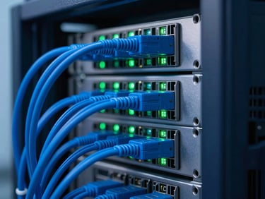 Close-up of a marine-grade server rack with neat blue fiber optic cabling and blinking green LEDs, crisp cool lighting.