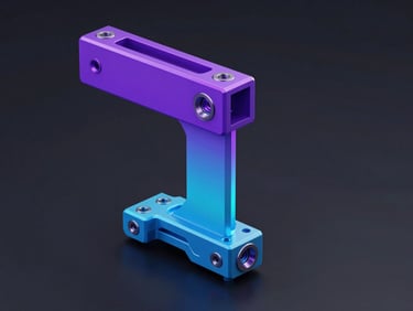 A 3D CAD model of a mechanical bracket showing stress distribution gradient from purple to cyan, clean dark UI background.