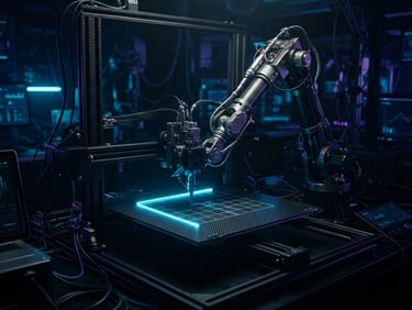 Cinematic high-tech photography of a robotic arm calibrating a carbon-fiber 3D printer, glowing neon blue LED trails, dark moody atmosphere, 85mm lens