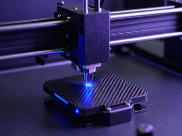 High-precision industrial 3D printer extruding carbon fiber with sharp blue LED highlights reflecting off metallic surfaces