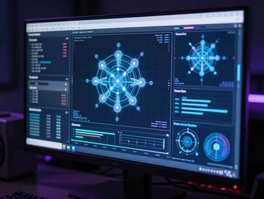 Close-up of a high-end monitor displaying complex real-time glowing data nodes and predictive algorithmic charts, dark moody lab environment, neon blue highlights