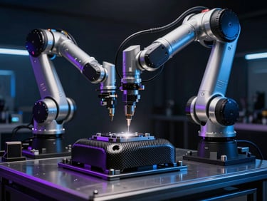 Industrial robotic arm precisely positioning a carbon-fiber reinforced component on a metal worktable, dramatic low-key lighting.