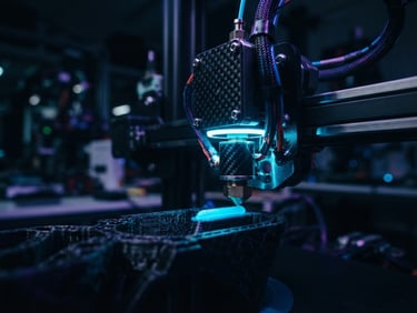 Cinematic macro shot of a high-precision carbon fiber 3D printer nozzle extruding material with sharp neon blue LED highlights reflecting off metallic surfaces, dark atmospheric lab background, 85mm lens