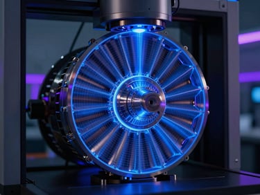 High-tech blue laser scanner capturing the geometry of a complex metallic turbine part, glowing mesh overlay, dark laboratory environment.