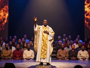Image of Evangelist Nnamdi Celestine preaching with intensity on a stage, dramatic lighting, diverse audience in background.