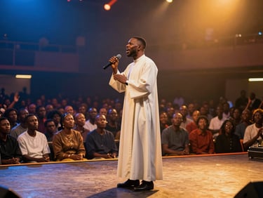 Evangelist Nnamdi Celestine preaching passionately on stage, dramatic stage lighting, diverse crowd in background, wide-angle, cinematic revivalist aesthetic